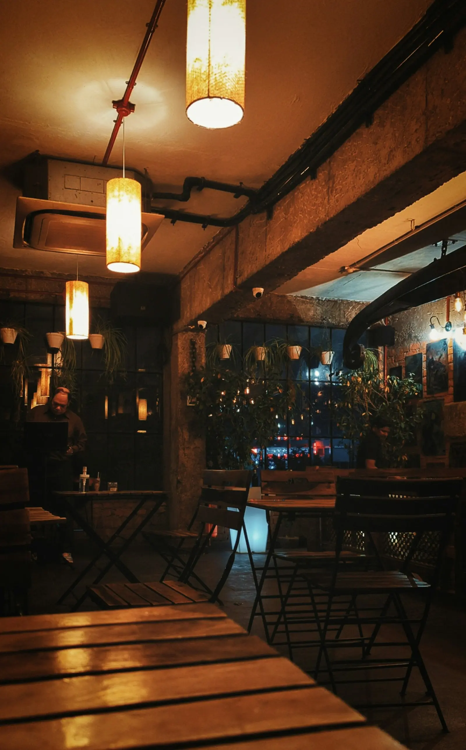 Intérieur de bistrot en soirée avec suspensions lumineuses, plantes vertes et clients attablés