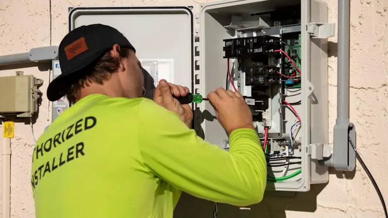 Chauffagiste réglant le coffret électrique d'une installation de chauffage extérieure