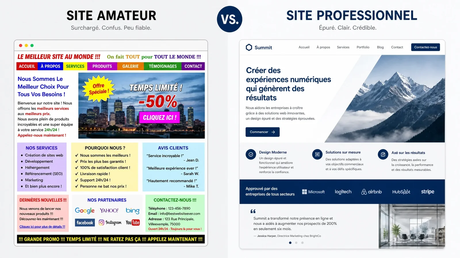 Comparaison visuelle entre un site professionnel mal structuré et un site optimisé pour la conversion