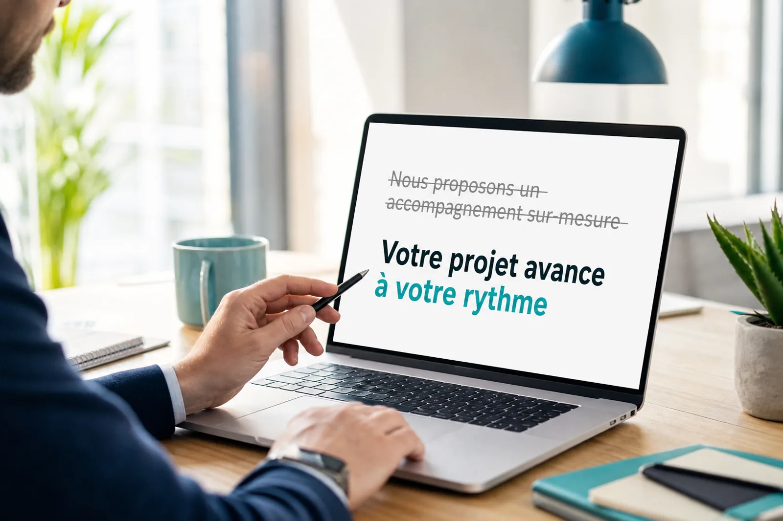 Écran d'ordinateur avec deux formulations : une phrase tournée vers l'entreprise barrée, une phrase tournée vers le lecteur mise en avant
