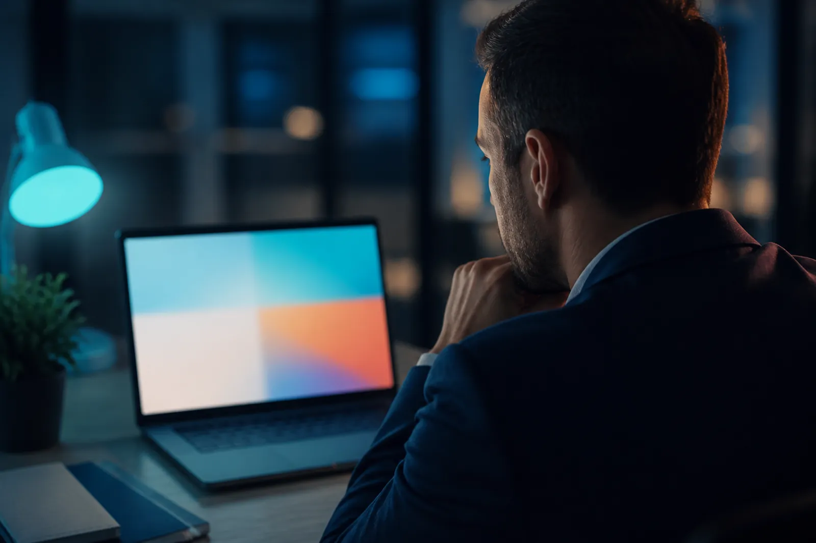 Professionnel consultant un ordinateur portable dans un bureau moderne, écran flou