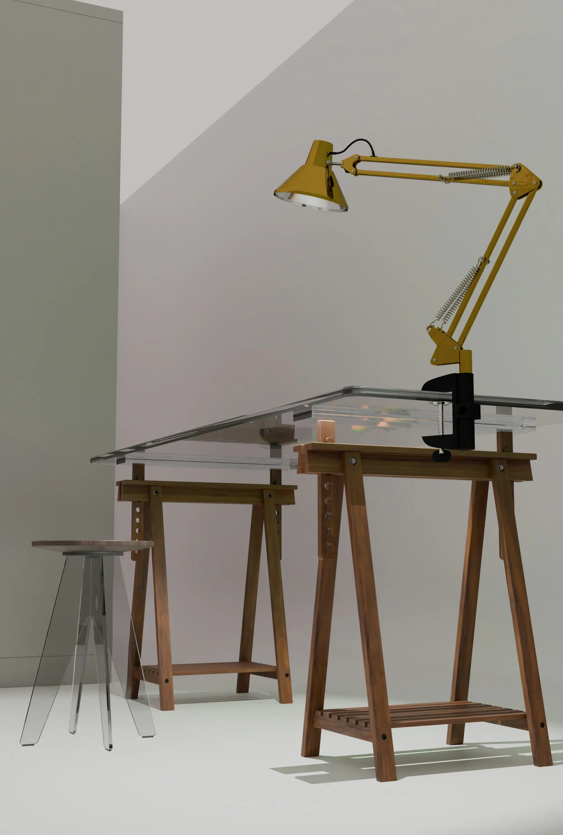 Table à dessin d'architecte avec lampe articulée jaune et tabourets en bois, site pour architectes