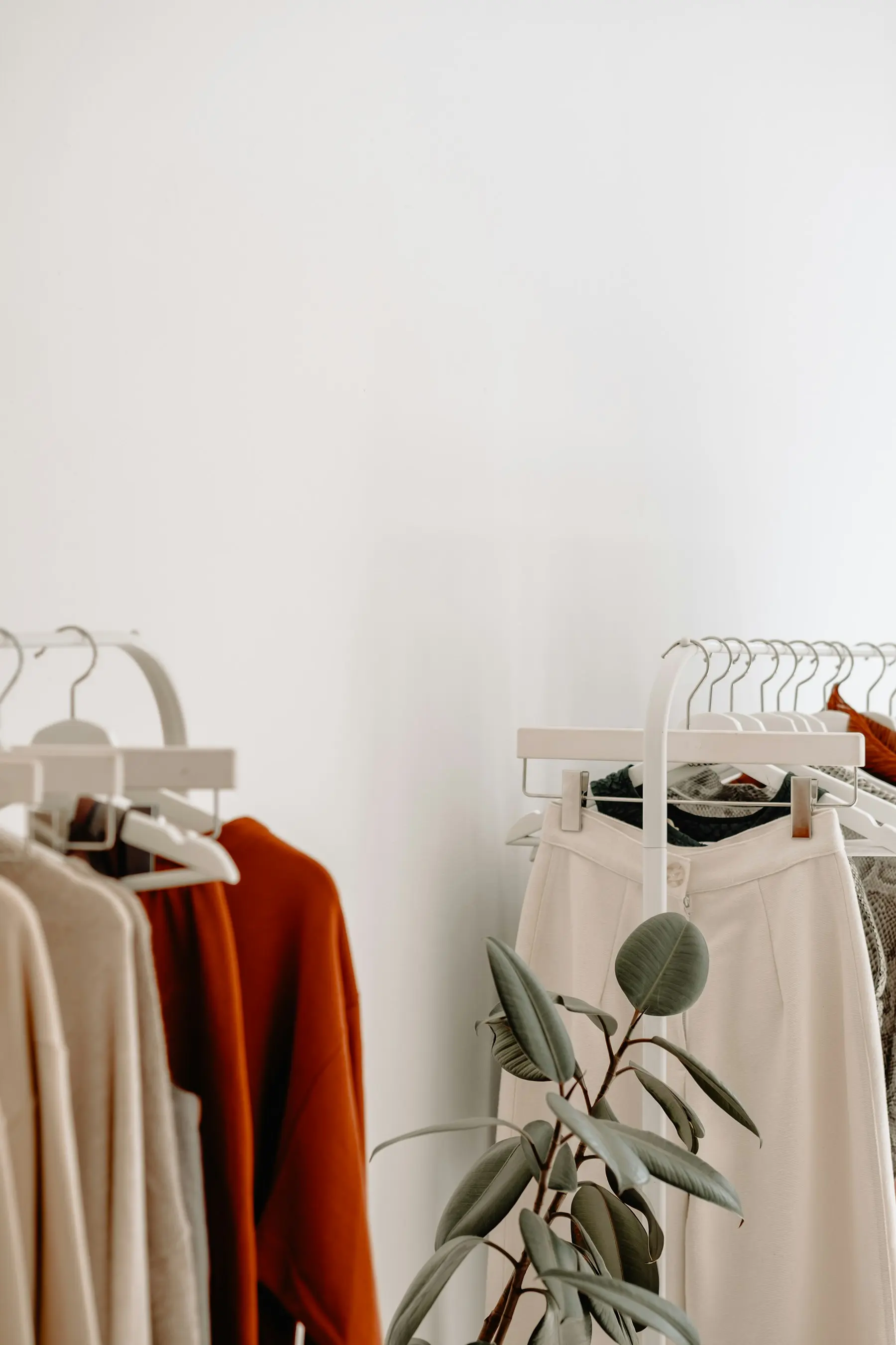 Portants de vêtements minimalistes dans une boutique de mode épurée, exemple pour un site e-commerce