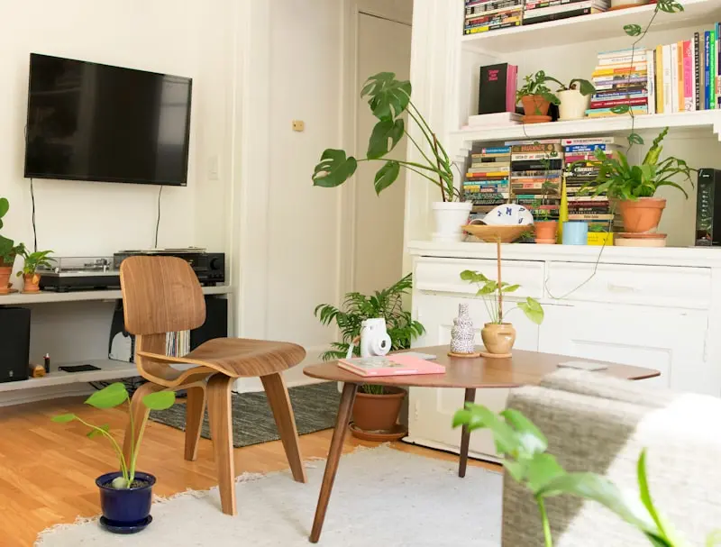 Salon décoré avec plantes et bibliothèque, entretenu par un service de conciergerie