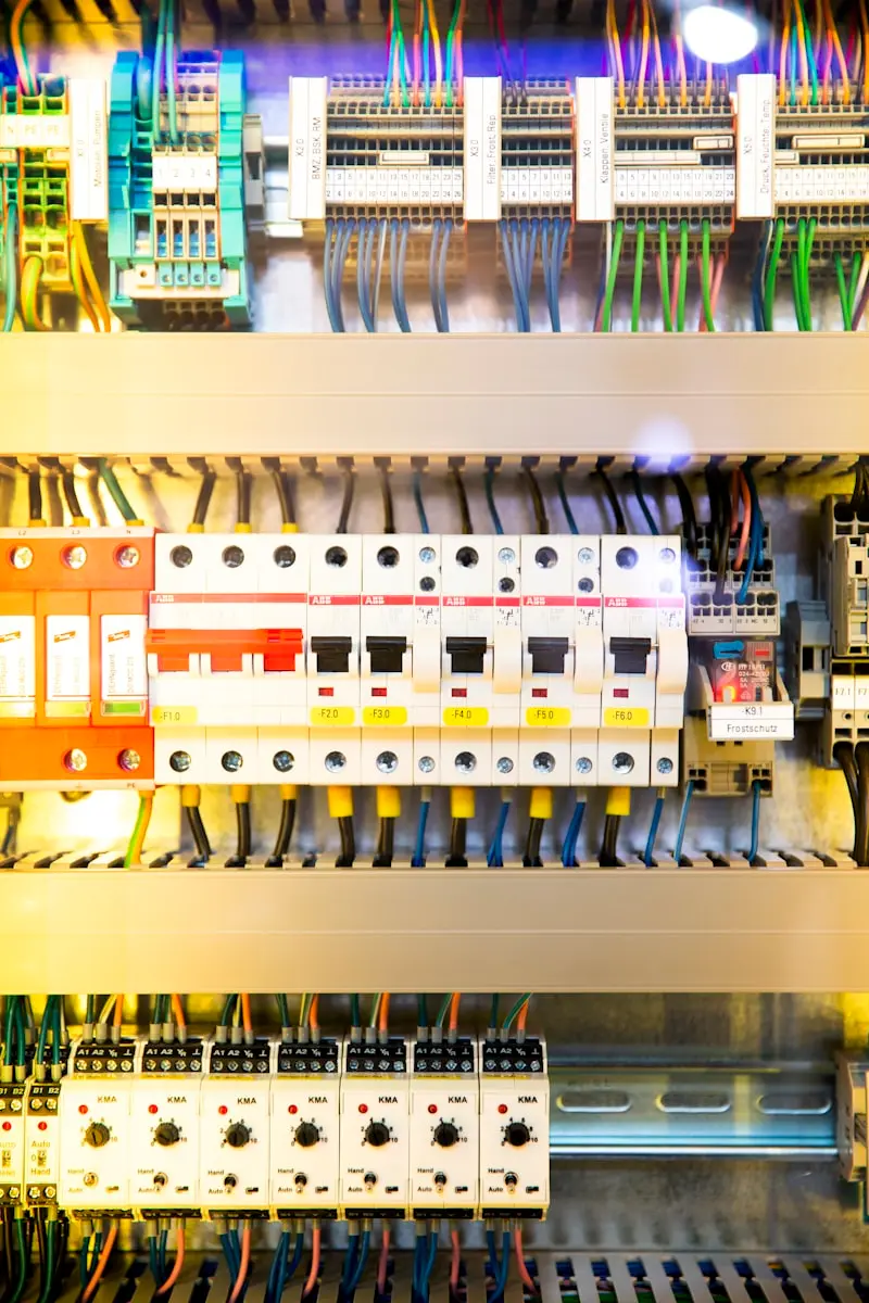 Tableau électrique ouvert avec disjoncteurs et câblage réalisé par un électricien
