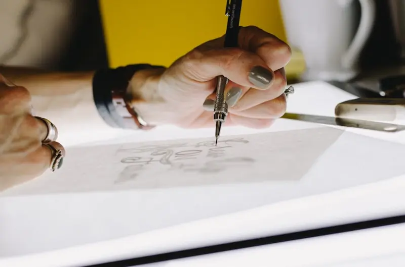 Création de site internet pour graphiste : main dessinant un croquis au crayon sur table lumineuse