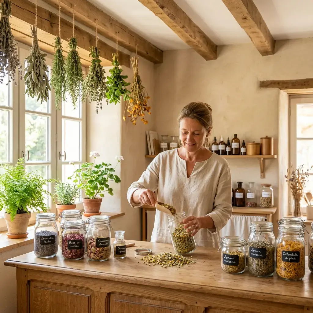 Naturopathe préparant des mélanges de plantes séchées dans son atelier