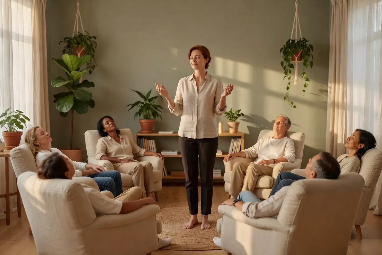 Sophrologue animant une séance de relaxation collective avec un groupe détendu