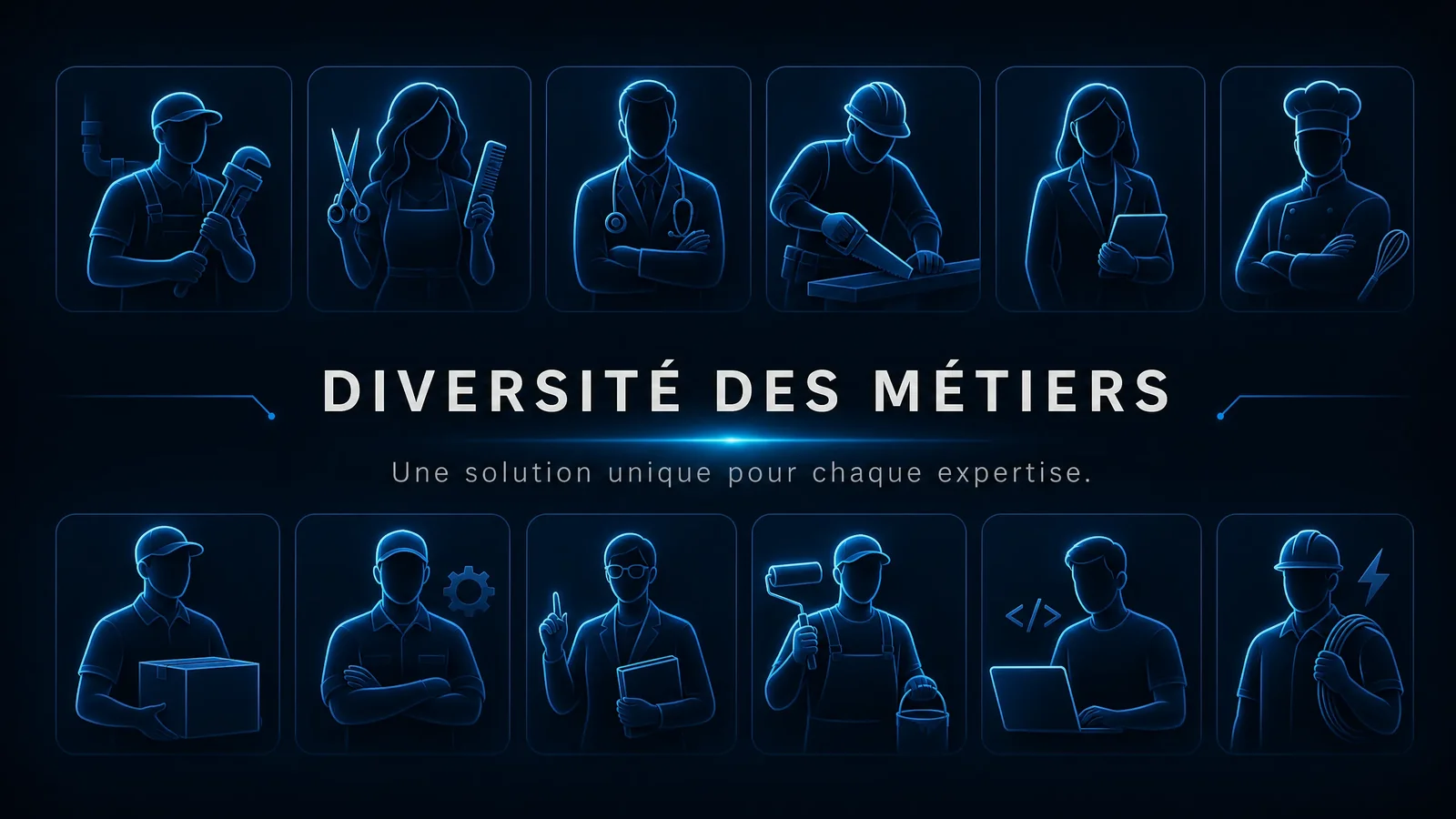 Illustration de la diversité des métiers avec des icônes lumineuses de différents professionnels