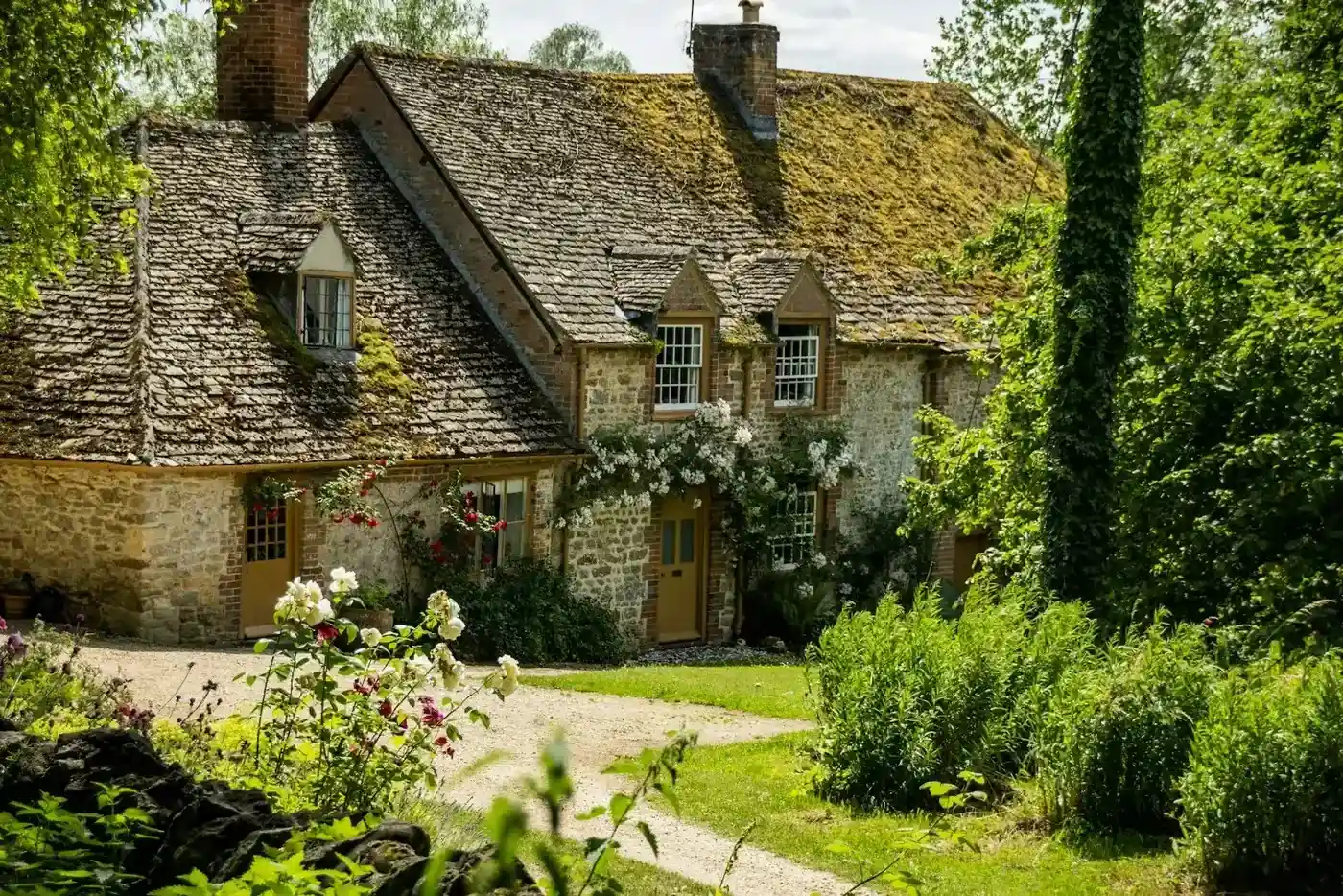 Façade en pierre d'un gîte de charme couverte de roses grimpantes et de lierre