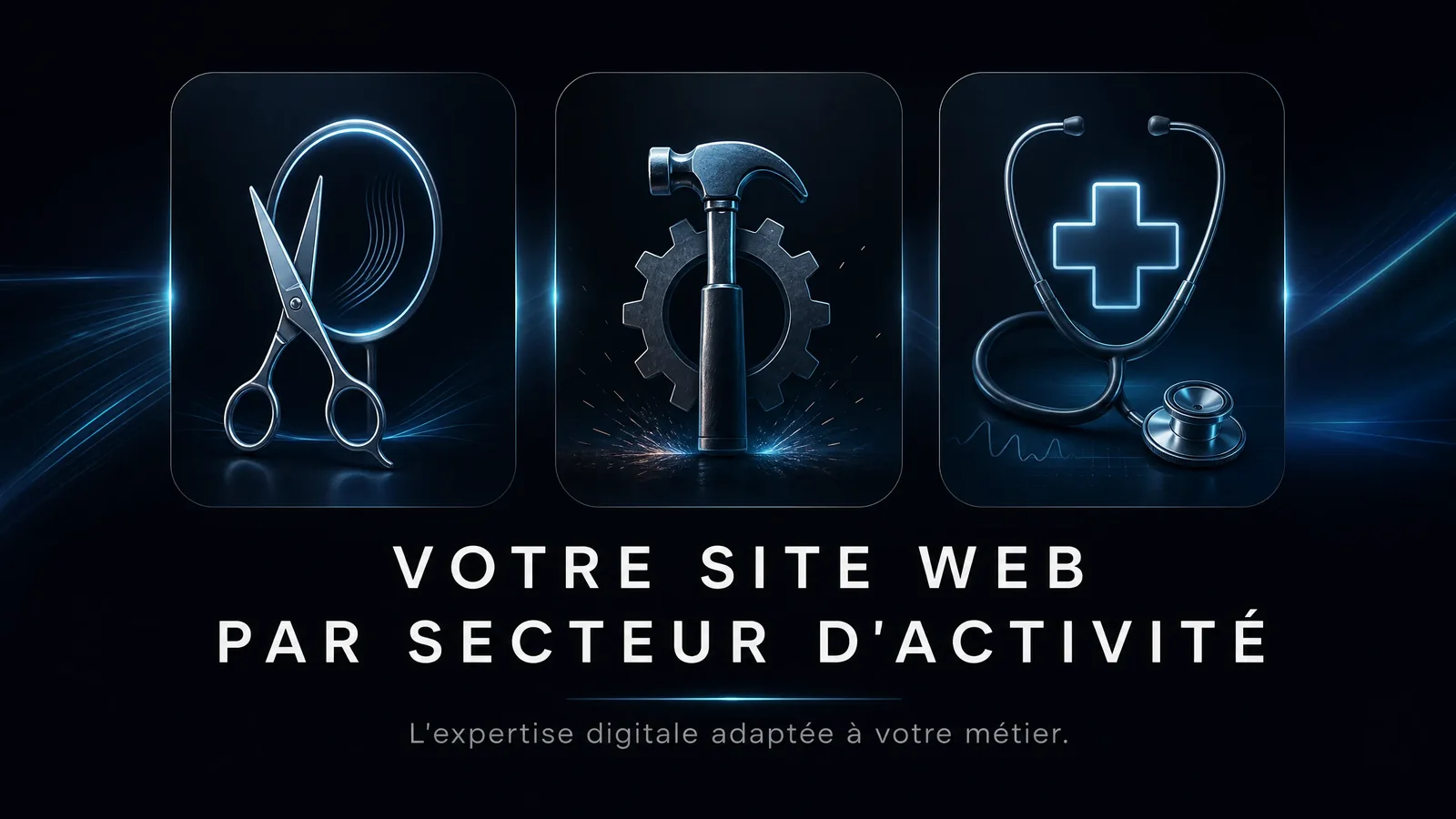 Illustration abstraite de trois métiers : coiffeur, artisan, praticien de santé, sur fond sombre et premium