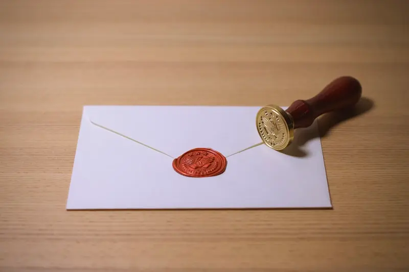 Cachet de cire rouge apposé sur une enveloppe officielle par un tampon en bois