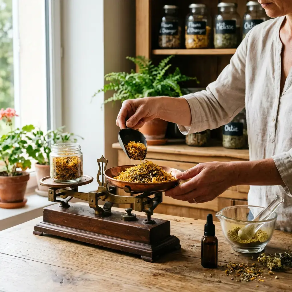 Pesée précise de plantes médicinales sur une balance ancienne chez le naturopathe