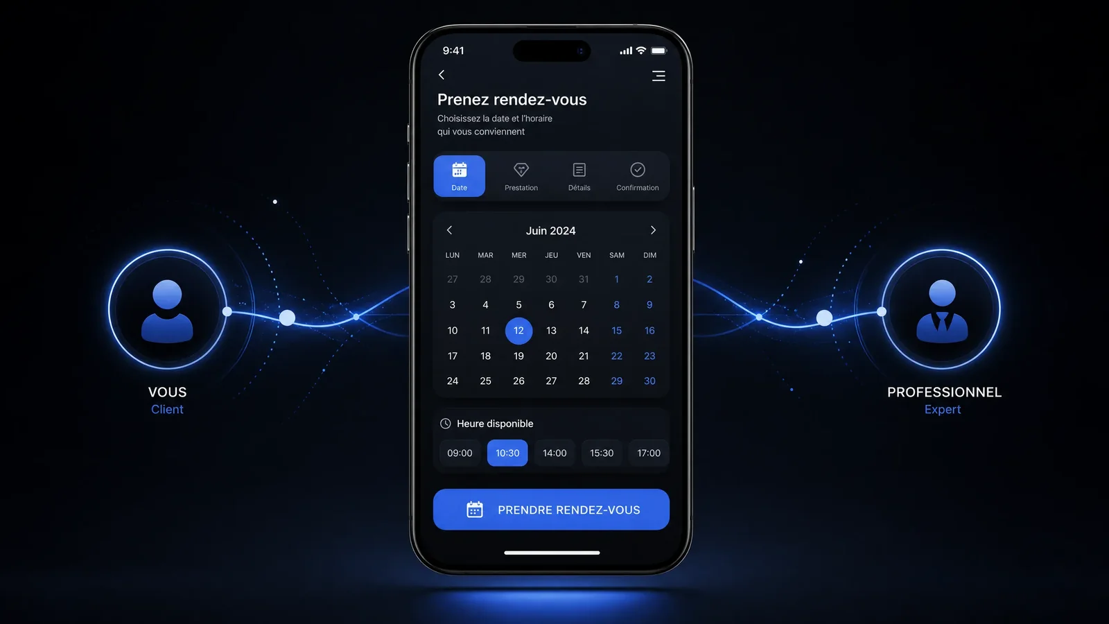 Illustration d'une interface de prise de rendez-vous en ligne sur smartphone, connectant un client à un professionnel