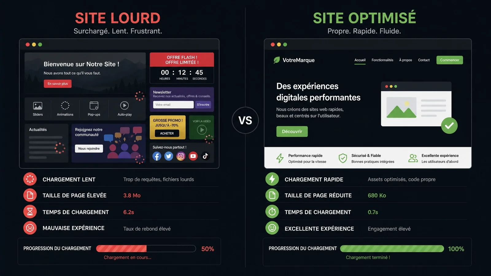 Comparaison visuelle entre un site web lourd et un site web optimisé, illustrant la performance d'un site internet