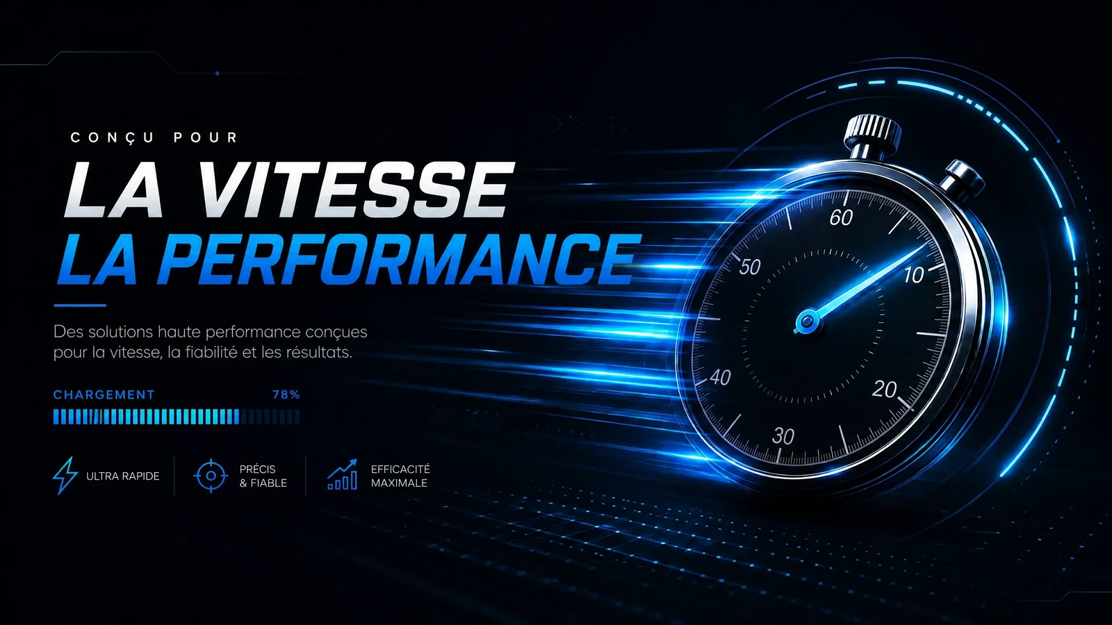 Représentation abstraite de la vitesse d'un site web professionnel, avec des lignes de mouvement et un chronomètre stylisé sur fond sombre